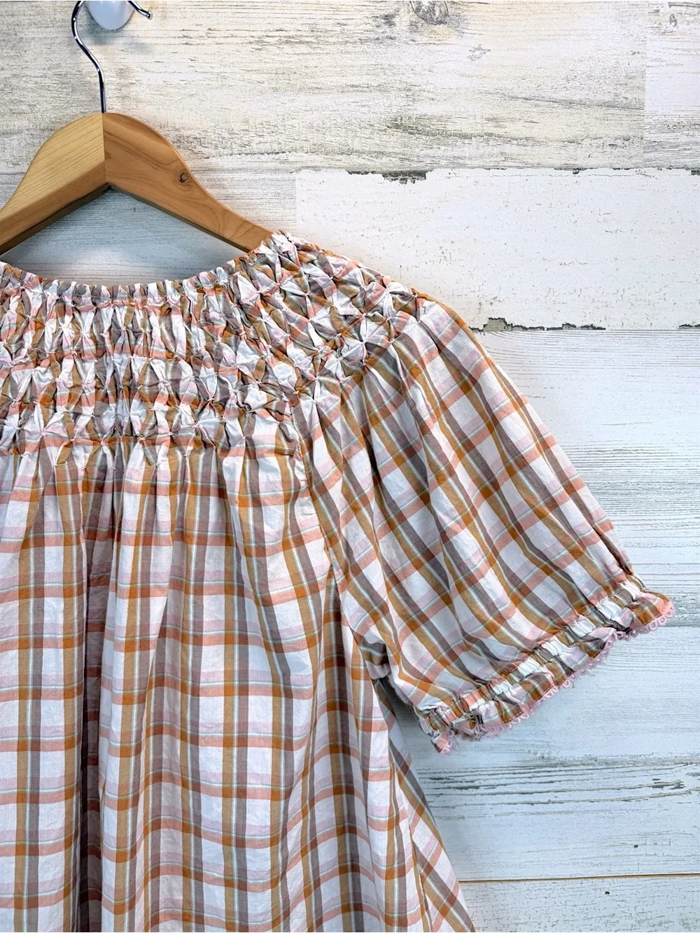 Anthropologie Plaid Smocked Peasant Blouse XL Cottagecore Boho